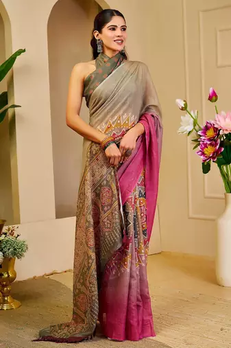 Grey cotton blend geometric print saree with blouse