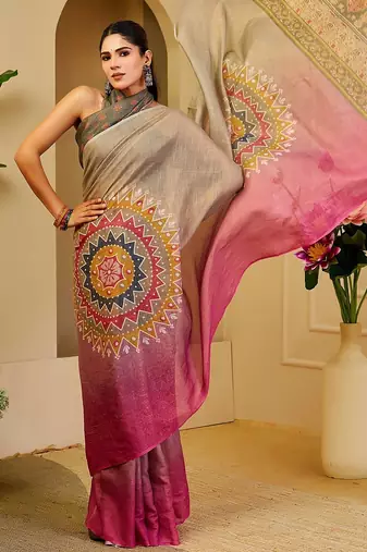 Grey cotton blend geometric print saree with blouse