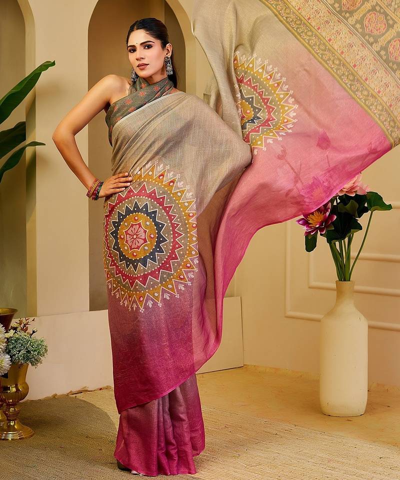 Grey cotton blend geometric print saree with blouse