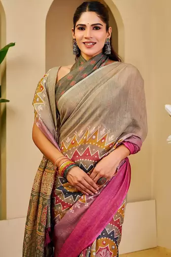 Grey cotton blend geometric print saree with blouse