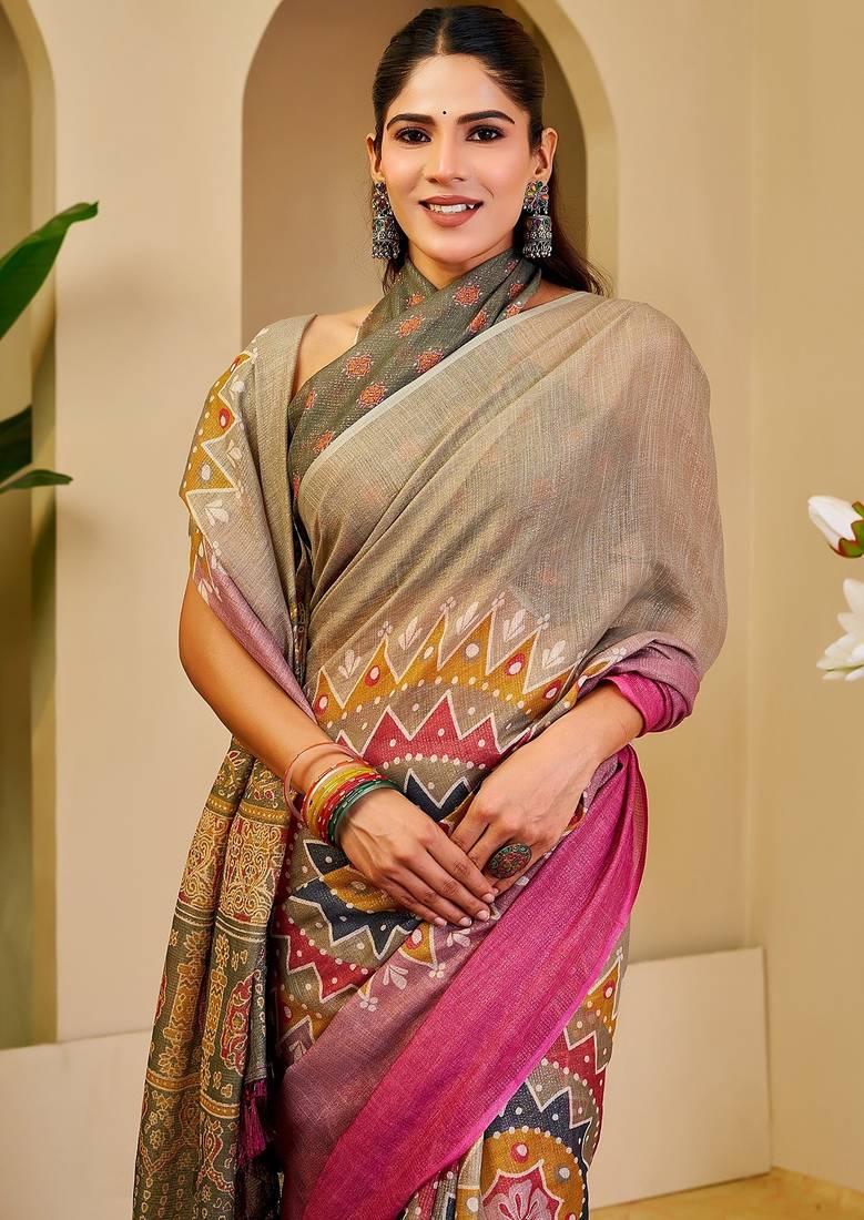 Grey cotton blend geometric print saree with blouse