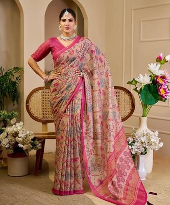 Pink cotton blend floral print saree with blouse 1