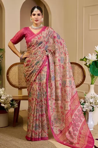 Pink cotton blend floral print saree with blouse