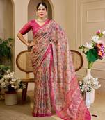 Pink cotton blend floral print saree with blouse