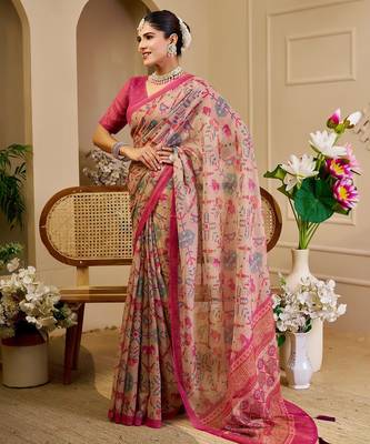 Pink cotton blend floral print saree with blouse 2