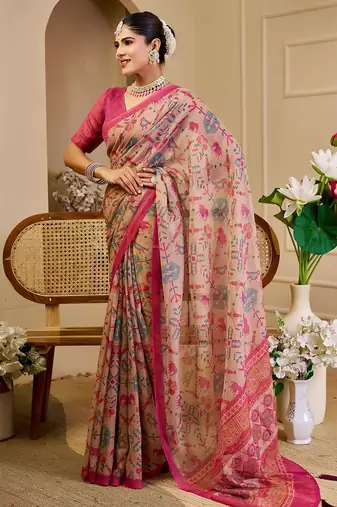 Pink cotton blend floral print saree with blouse