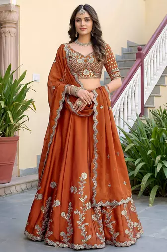 Rust Color Smart Bridesmaid Rangoli Silk Lehenga Choli For Trendy Wedding Looks