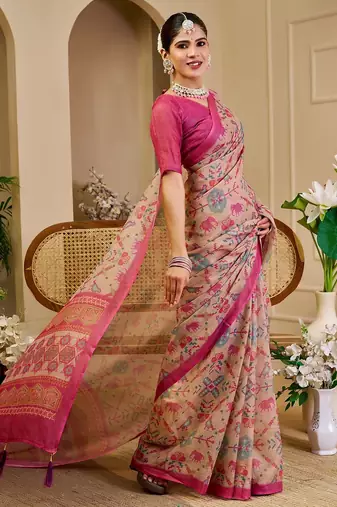 Pink cotton blend floral print saree with blouse