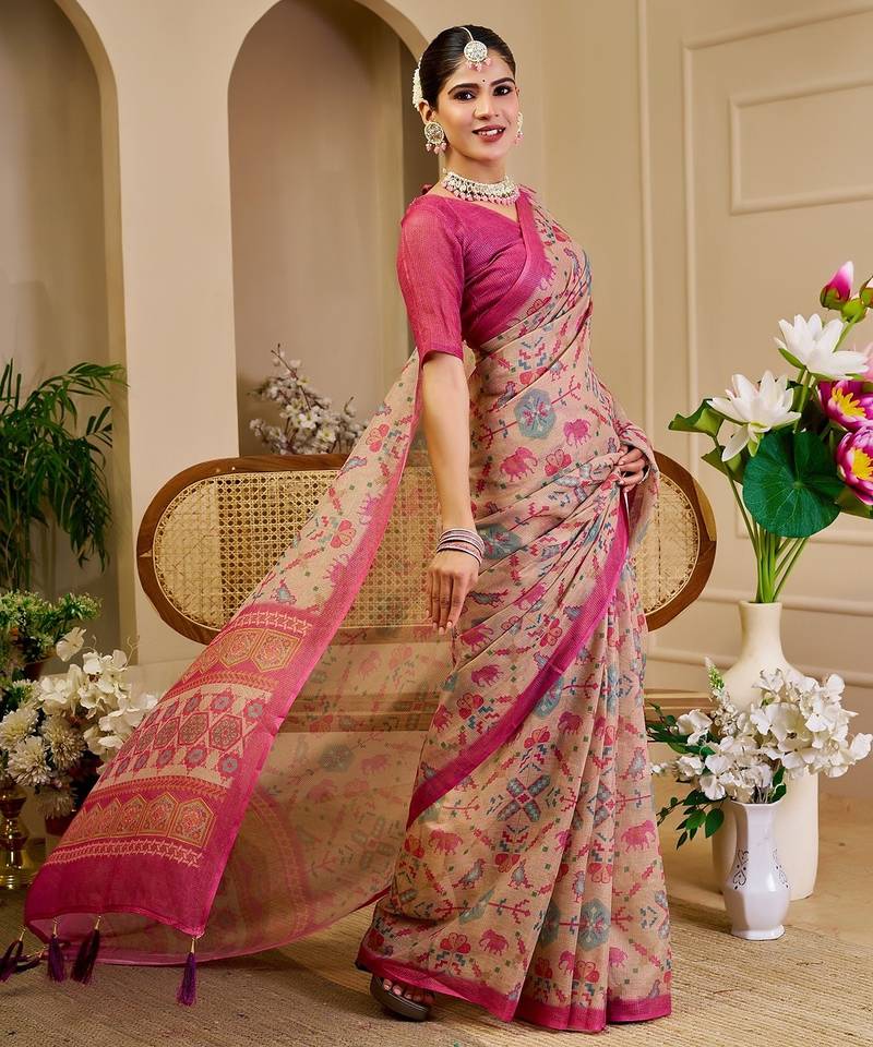 Pink cotton blend floral print saree with blouse