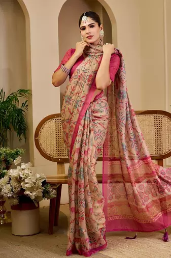Pink cotton blend floral print saree with blouse