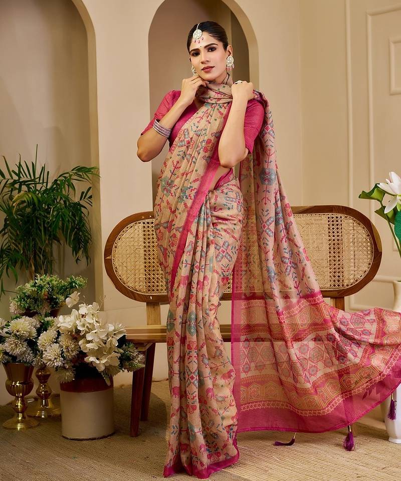 Pink cotton blend floral print saree with blouse