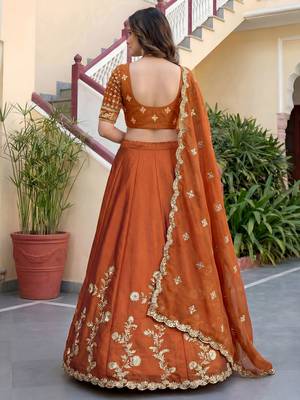 Rust Color Smart Bridesmaid Rangoli Silk Lehenga Choli For Trendy Wedding Looks 2