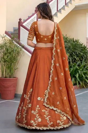 Rust Color Smart Bridesmaid Rangoli Silk Lehenga Choli For Trendy Wedding Looks
