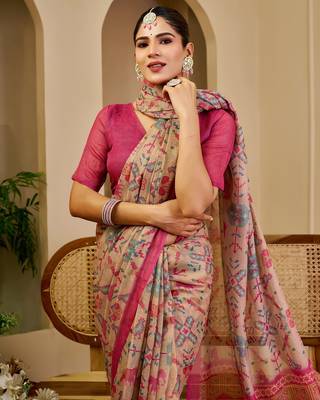 Pink cotton blend floral print saree with blouse 5