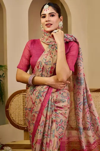 Pink cotton blend floral print saree with blouse