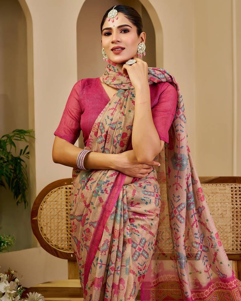 Pink cotton blend floral print saree with blouse