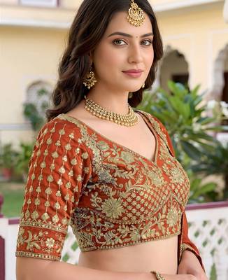 Rust Color Smart Bridesmaid Rangoli Silk Lehenga Choli For Trendy Wedding Looks 3