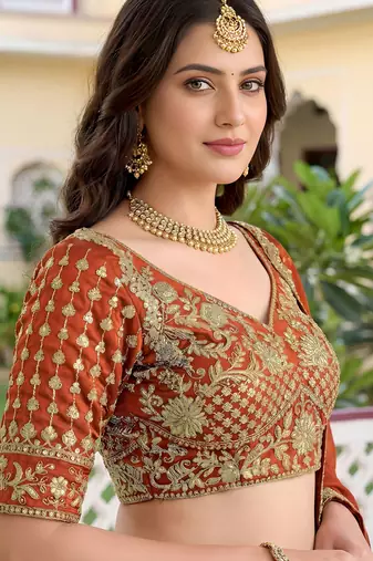 Rust Color Smart Bridesmaid Rangoli Silk Lehenga Choli For Trendy Wedding Looks