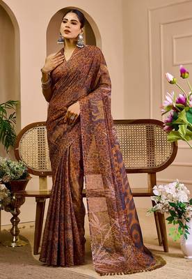 Brown cotton blend geometric print saree with blouse 1