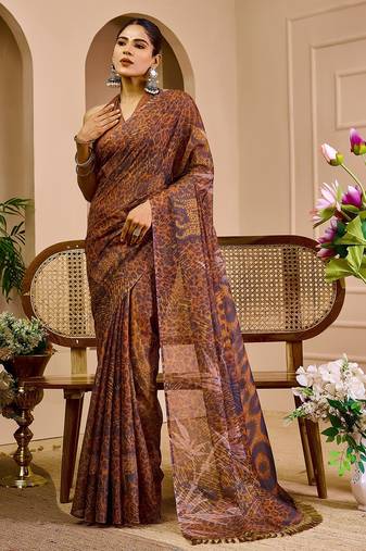 Brown cotton blend geometric print saree with blouse