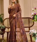 Brown cotton blend geometric print saree with blouse