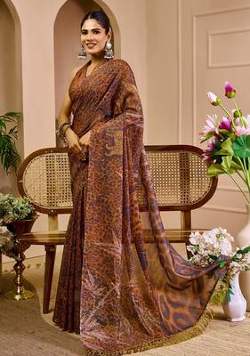 Brown cotton blend geometric print saree with blouse 2