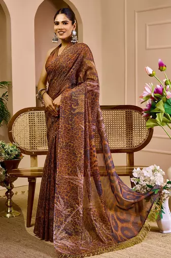 Brown cotton blend geometric print saree with blouse