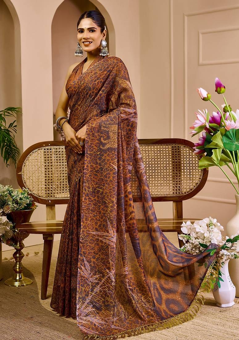 Brown cotton blend geometric print saree with blouse