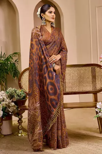 Brown cotton blend geometric print saree with blouse