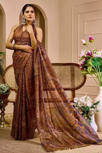 Brown cotton blend geometric print saree with blouse