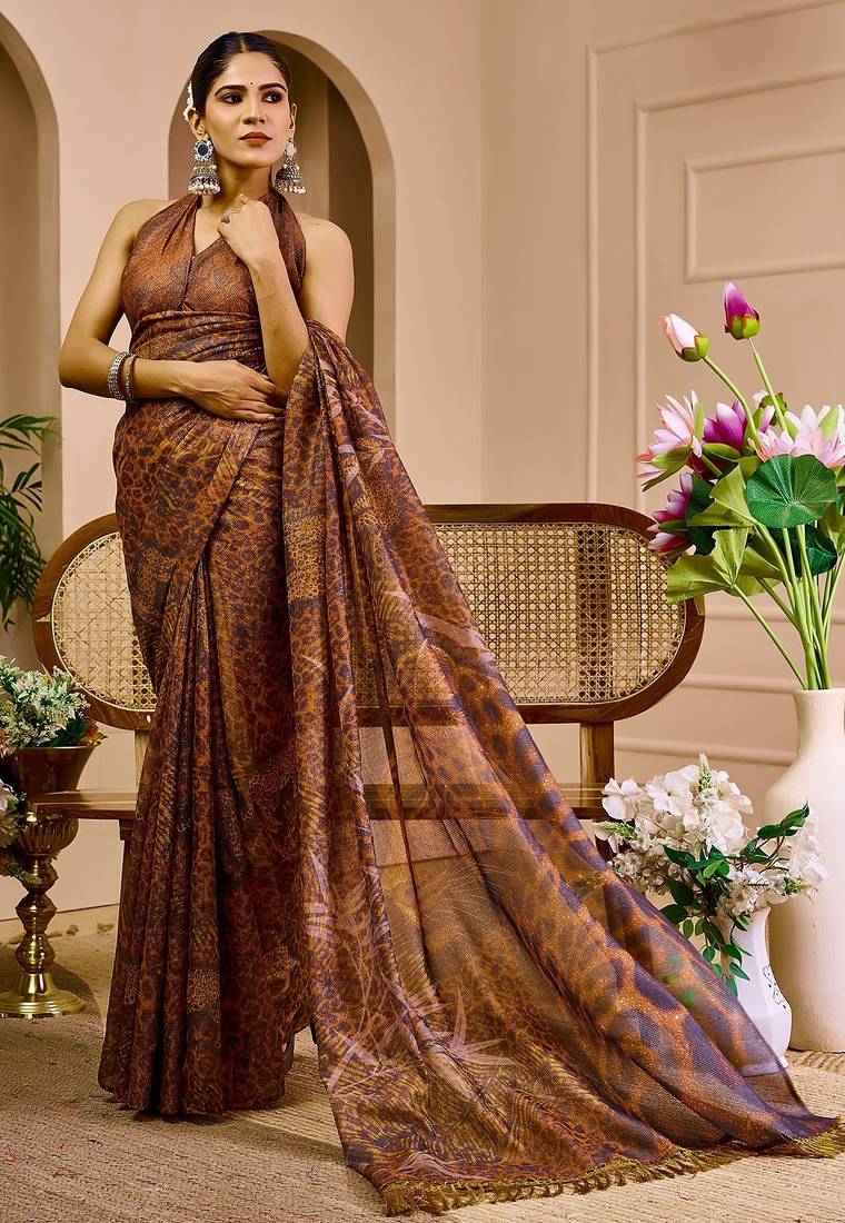 Brown cotton blend geometric print saree with blouse