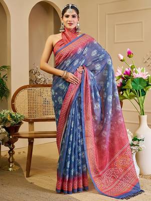 Blue cotton blend floral print saree with blouse 1