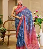 Blue cotton blend floral print saree with blouse