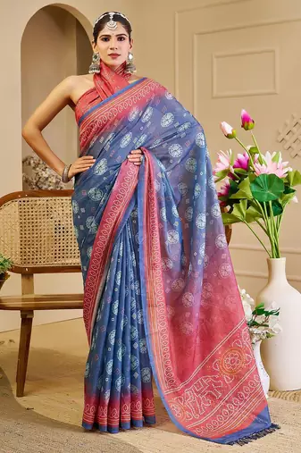 Blue cotton blend floral print saree with blouse