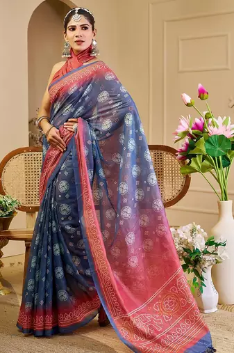 Blue cotton blend floral print saree with blouse
