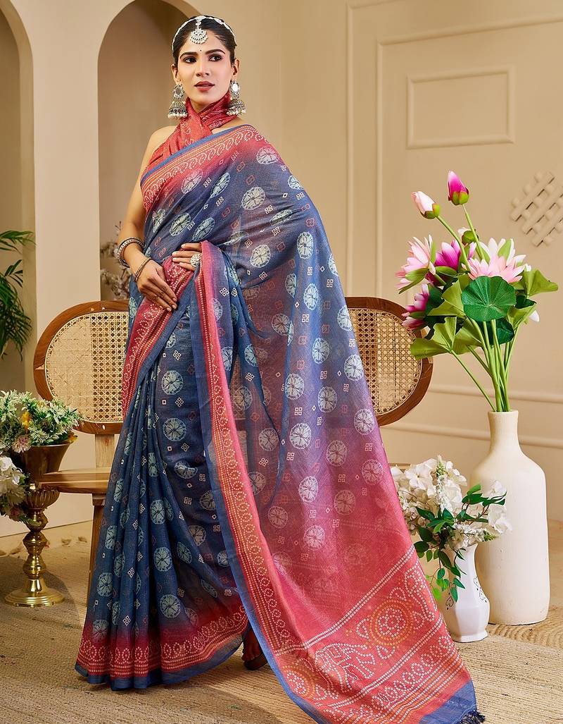 Blue cotton blend floral print saree with blouse