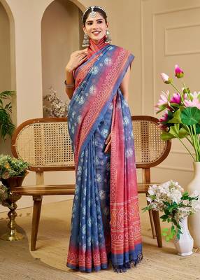 Blue cotton blend floral print saree with blouse 4