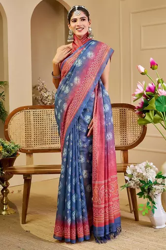 Blue cotton blend floral print saree with blouse