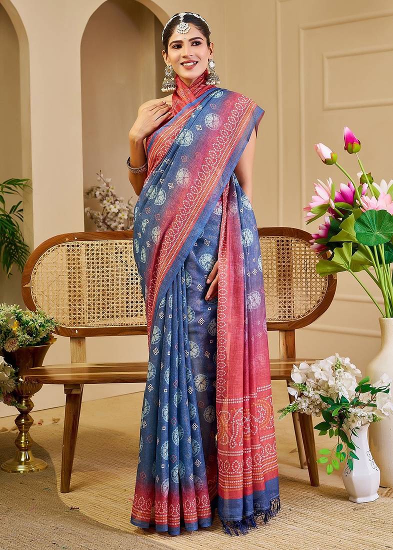 Blue cotton blend floral print saree with blouse