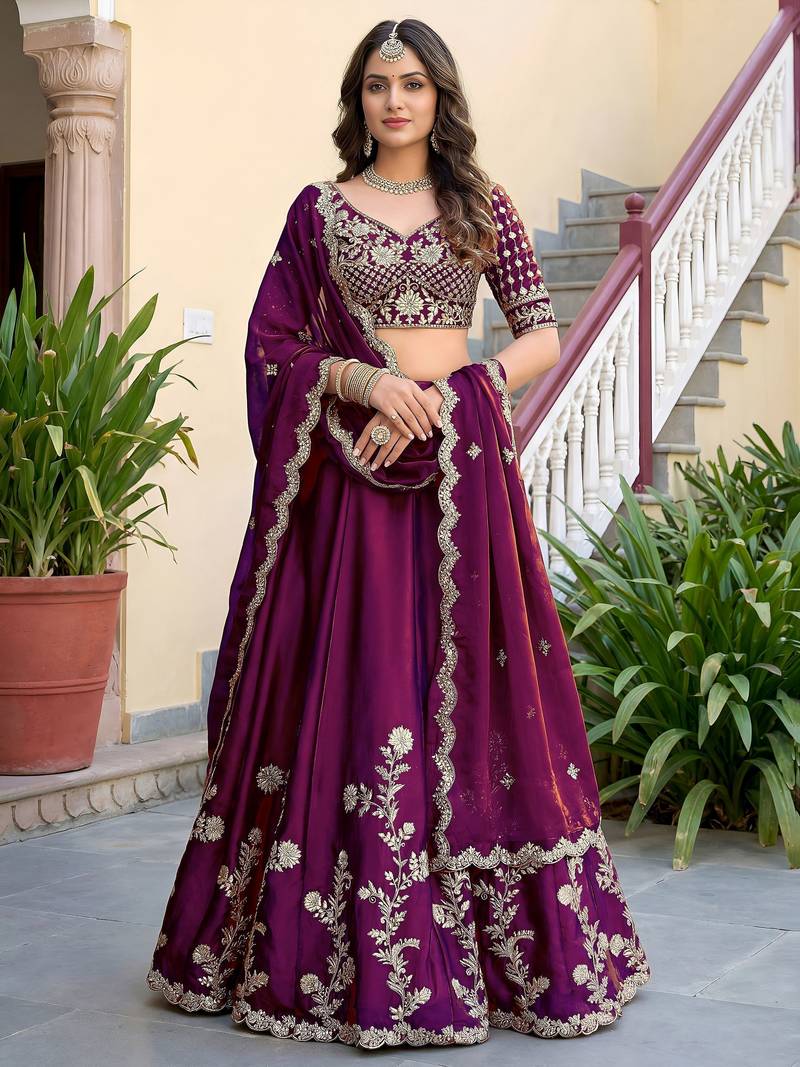 Wine Color Smart Bridesmaid Rangoli Silk Lehenga Choli For Trendy Wedding Looks