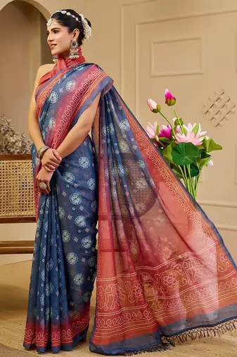 Blue cotton blend floral print saree with blouse