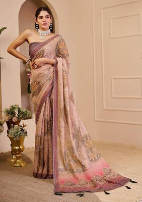 Beige cotton blend floral print saree with blouse 1