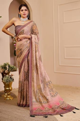 Beige cotton blend floral print saree with blouse