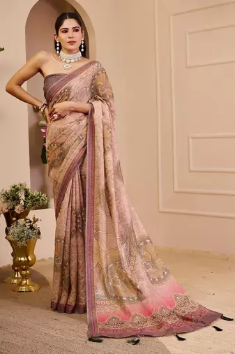 Beige cotton blend floral print saree with blouse