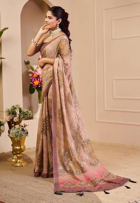 Beige cotton blend floral print saree with blouse 2