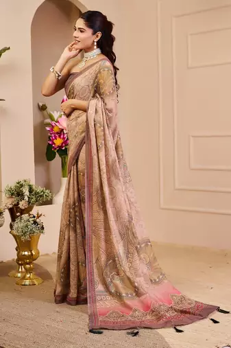 Beige cotton blend floral print saree with blouse