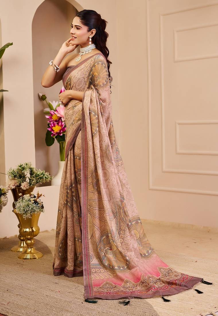 Beige cotton blend floral print saree with blouse