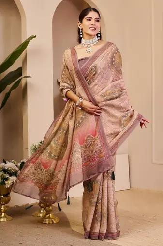Beige cotton blend floral print saree with blouse
