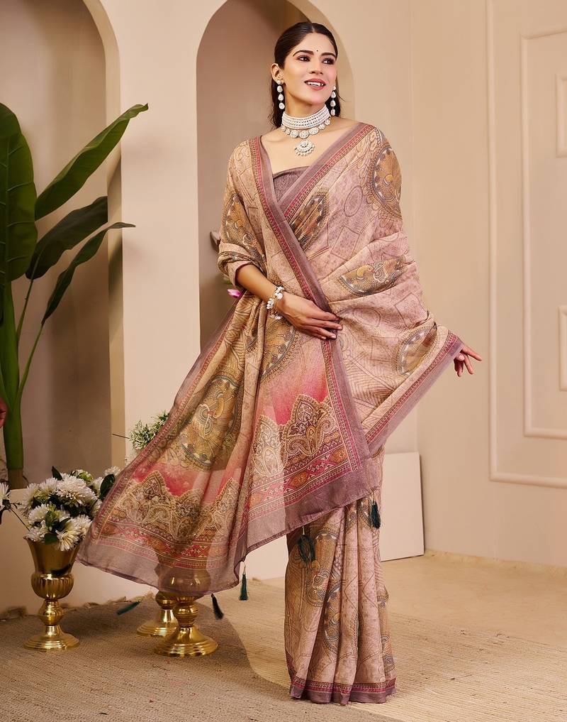 Beige cotton blend floral print saree with blouse