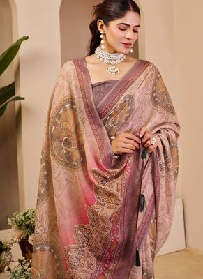 Beige cotton blend floral print saree with blouse 4